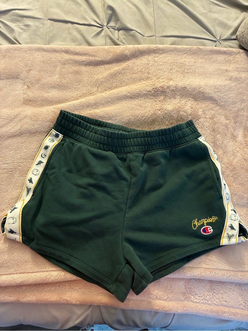 Champion Forest Green Shorts with Red & Blue Logo Size Small
